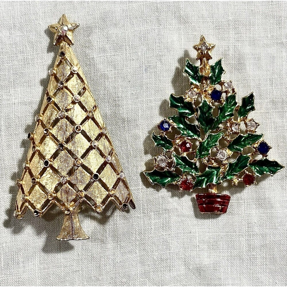 Vintage Christmas Tree Brooch Pair Signed Mylu Rhinestone Gold Holiday Pin